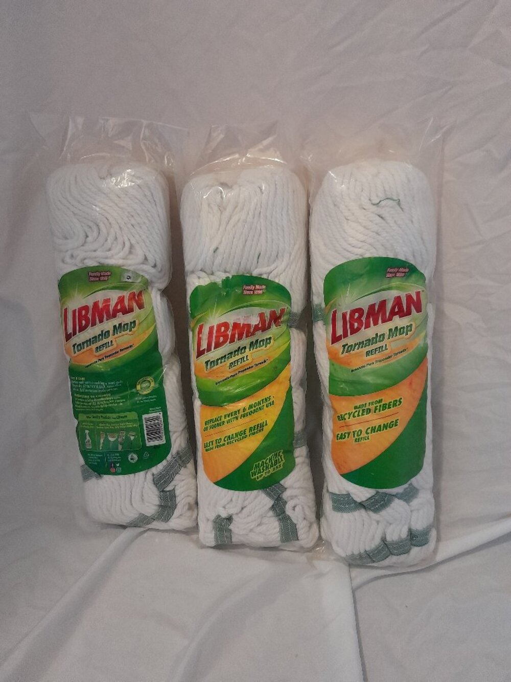 3-Pack Libman Tornado Mop Refills - New & Sealed - Machine Washable Cotton Blend